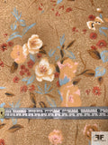 Elegant Autumn Floral Printed Silk Chiffon - Saddle Brown / Tan / Soft Blue