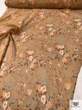 Elegant Autumn Floral Printed Silk Chiffon - Saddle Brown / Tan / Soft Blue