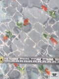 Rose Buds on Abstract Printed Silk Chiffon - Dusty Blue / Grey / Strawberry Red / Green