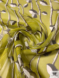 Shadowy Acorn Stems Printed Silk Chiffon - Lime / Dark Brown / White