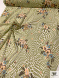 Hypnotic and Floral Printed Silk Chiffon - Olive Green / Peach / Browns / Turquoise