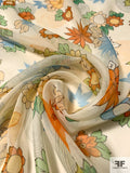 Floral and Spiral Circles Printed Silk Chiffon - Orange/ Blue / Greens / Cream