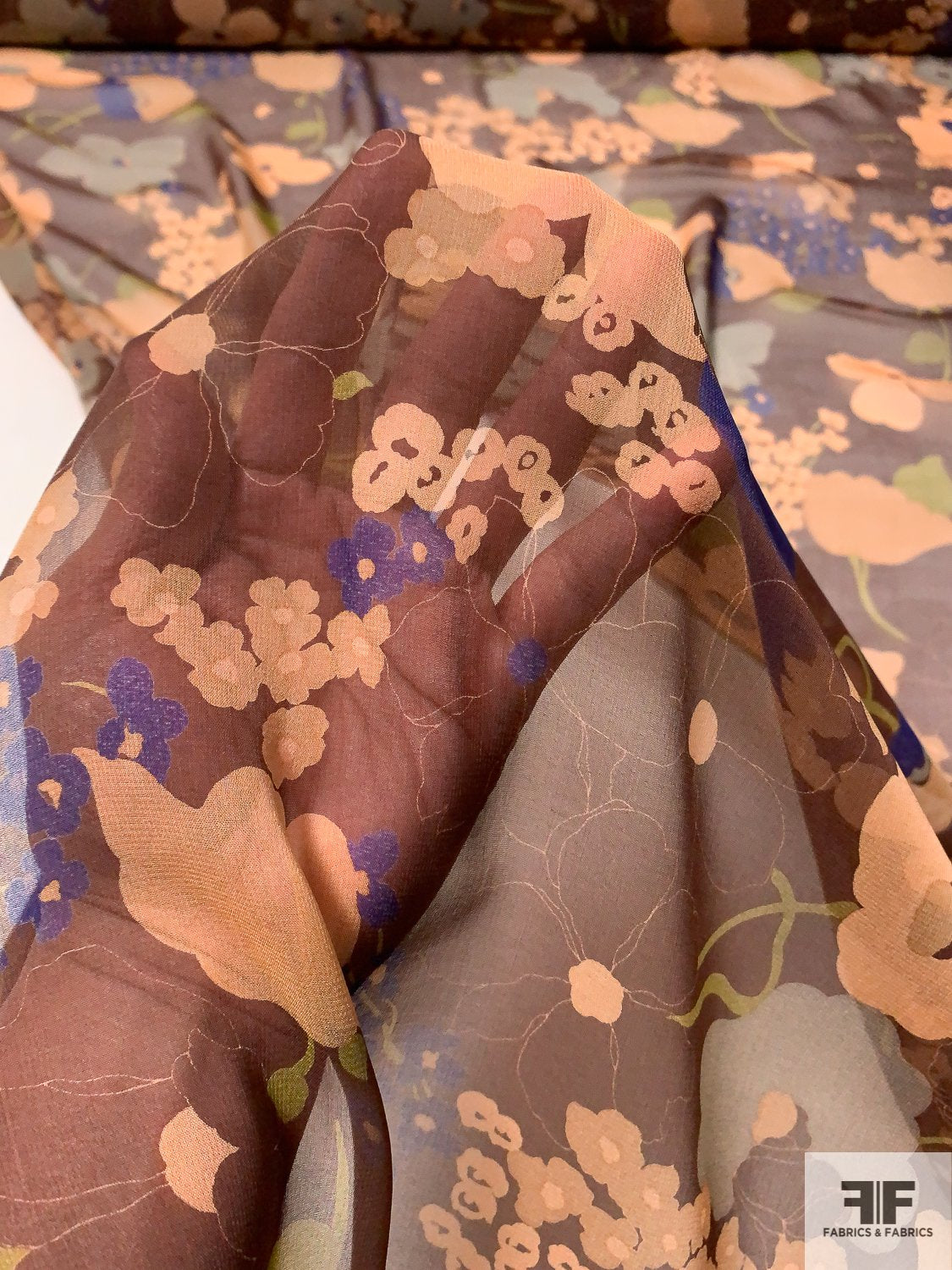 Pleasant Floral Printed Silk Chiffon - Brown/Tan/Peach/Olive Green/Purple