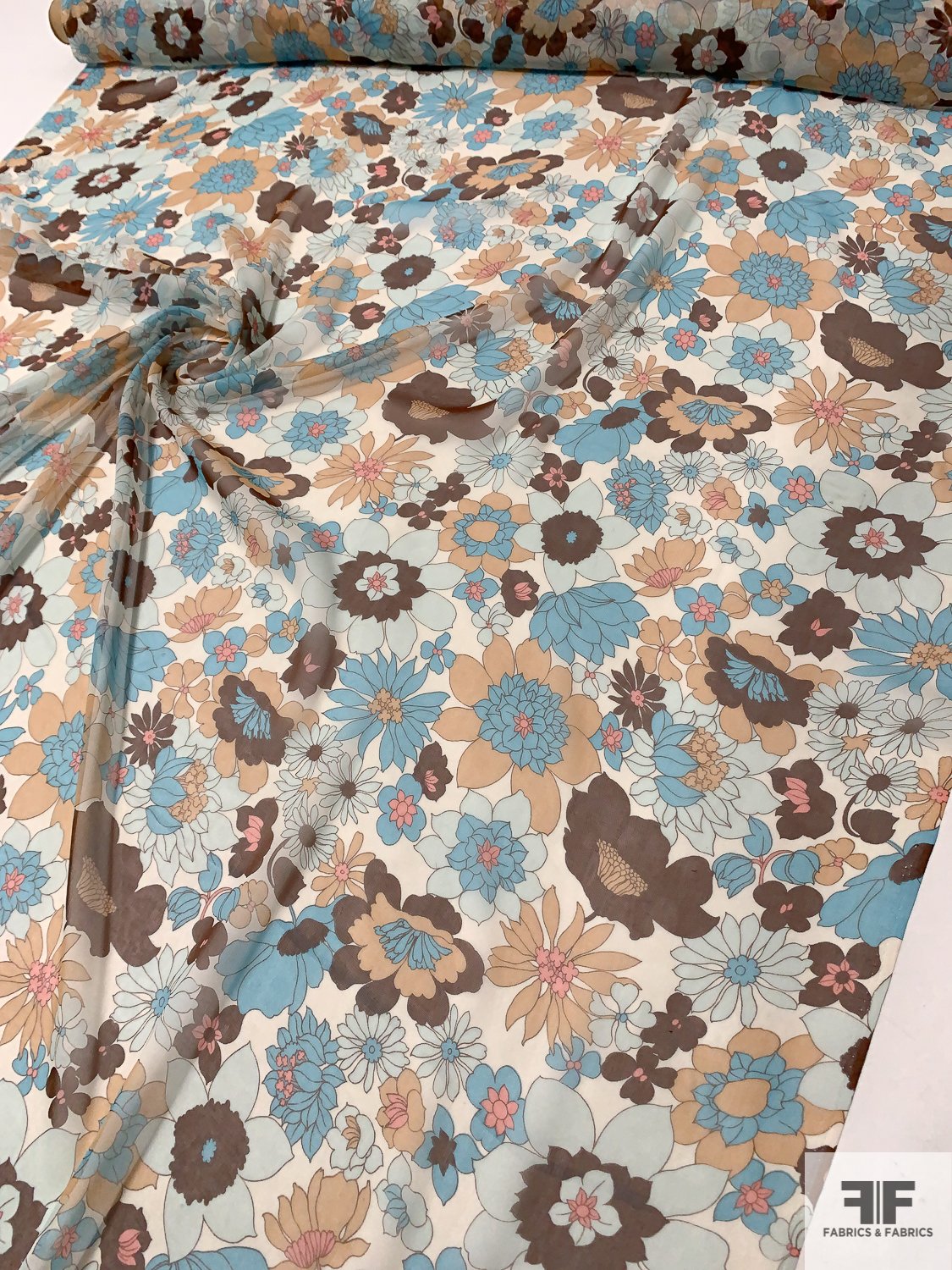 Floral Printed Silk Chiffon - Turquoise / Tan / Brown / Off-White