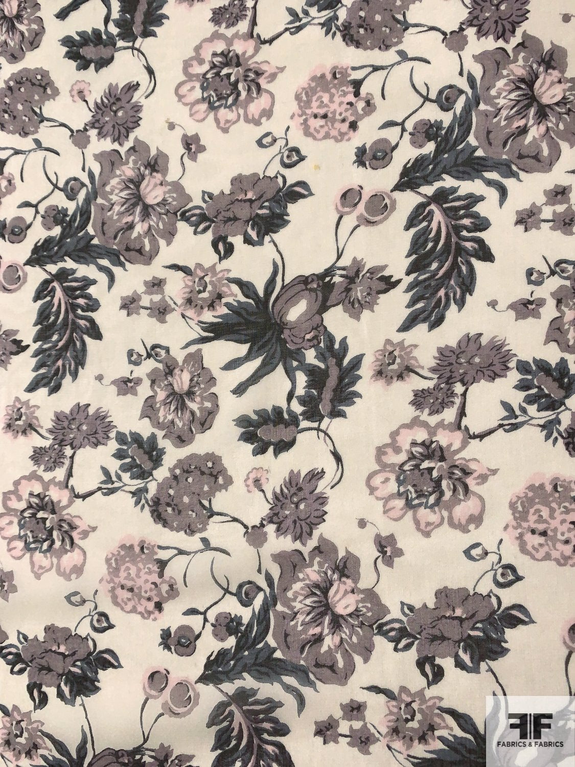 Intricate Floral Printed Silk Chiffon - Shades of Grey / Dusty Treal / Off-White