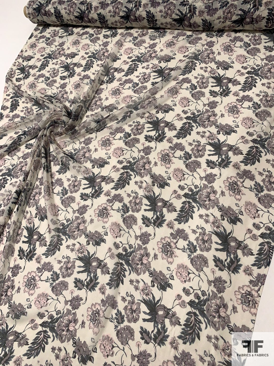 Intricate Floral Printed Silk Chiffon - Shades of Grey / Dusty Treal / Off-White