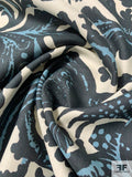 Large-Scale Birds Leaf and Floral Printed Linen - Navy / Sky Blue / Oat
