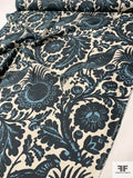 Large-Scale Birds Leaf and Floral Printed Linen - Navy / Sky Blue / Oat
