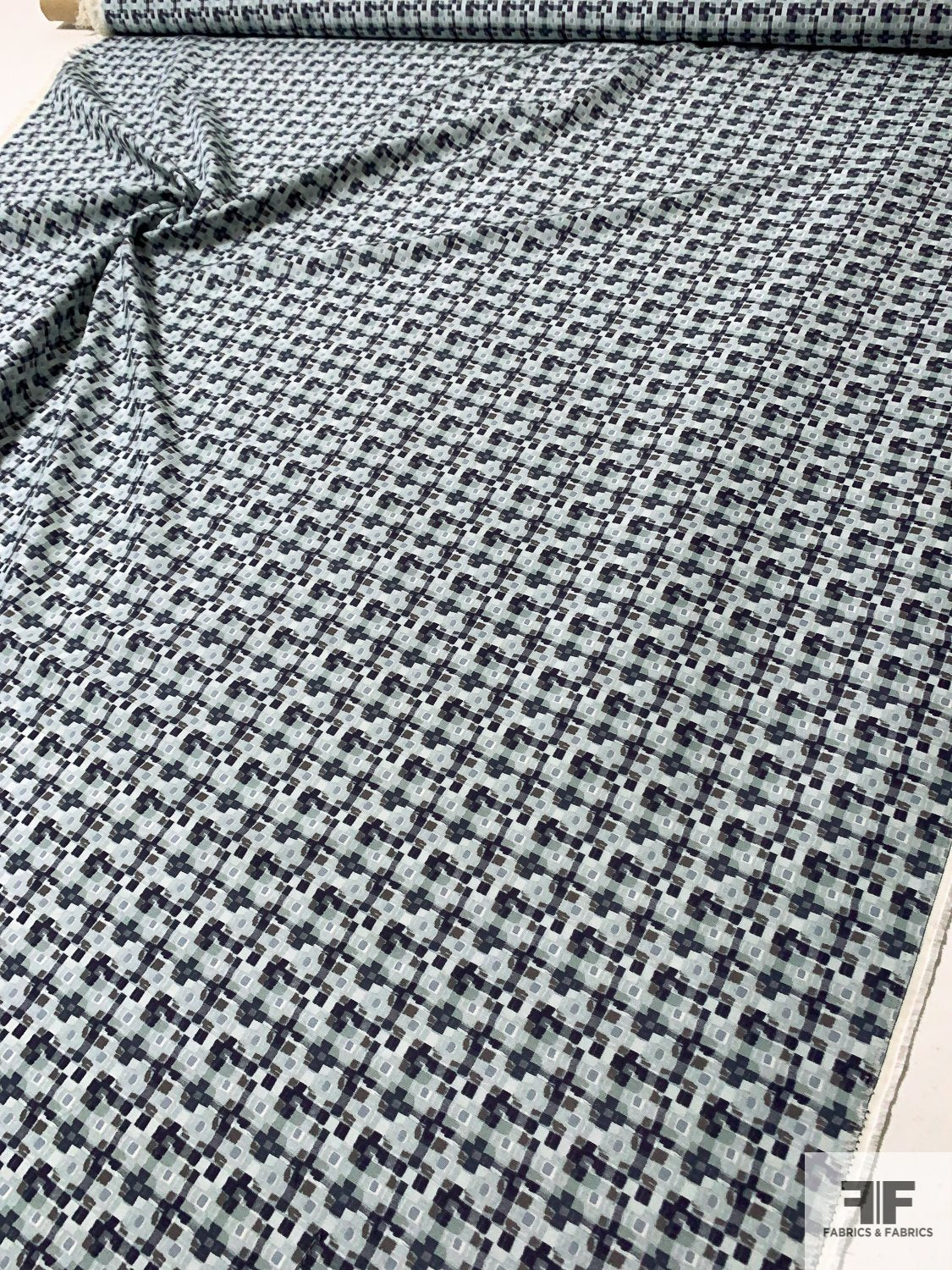 Italian Geometric Graphic Super Fine Cotton Faille - Dusty Seafoam / Navy / Grey