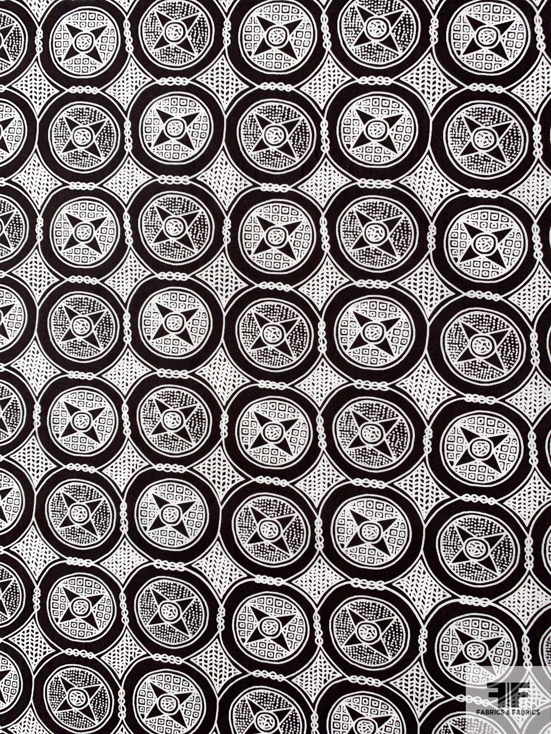 Art Deco Medallion Circles Printed Cotton Shirting - Black / White