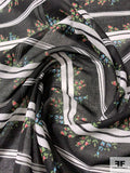Horizontal Striped and Ditsy Floral Printed Cotton Voile - Black / White / Multicolor