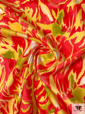 Tropical Leaf Printed Stretch Cotton Sateen - Salmon / Yellow / White