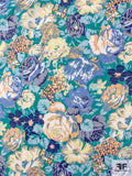 Liberty-Like Floral Printed Cotton Lawn - Turquoise / Blues / Peach