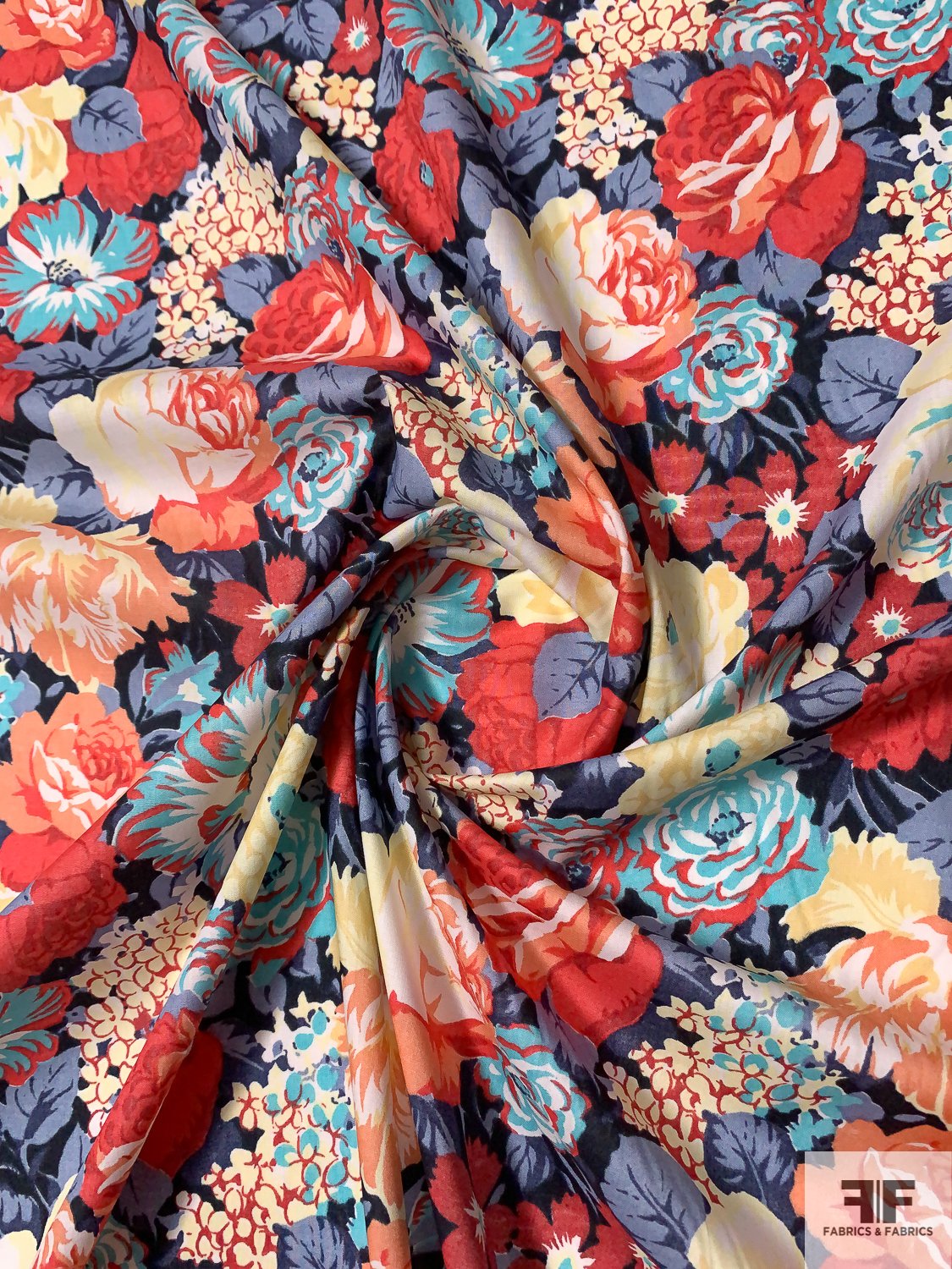 Liberty-Like Floral Printed Cotton Lawn - Navy/Dark Salmon/Turquoise/Pastel Yellow | FABRICS & FABRICS Fabrics & Fabrics Liberty-Like Floral Printed Cotton Lawn - Navy/Dark Salmon/Turquoise/Pastel Yellow | FABRICS & FABRICS Fabrics & Fabrics