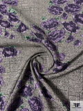 Floral Textured Glen Plaid-Like Stretch Brocade - Purple / Evergreen / Black / Off-White