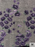Floral Textured Glen Plaid-Like Stretch Brocade - Purple / Evergreen / Black / Off-White