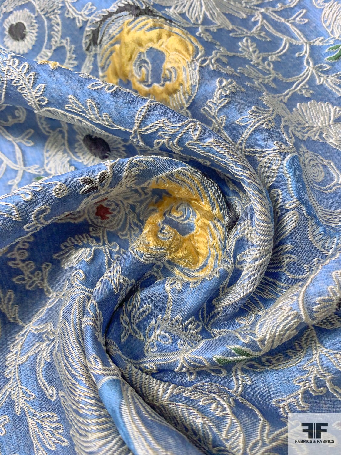 Famous NYC Designer Italian Unique Floral Textured Brocade - Soothing Blue / Yellow / White / Maroon