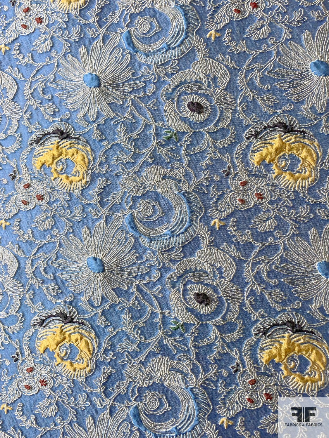Famous NYC Designer Italian Unique Floral Textured Brocade - Soothing Blue / Yellow / White / Maroon