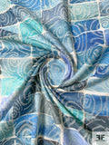 Italian Rectangles and Swirls Printed Brocade - Shades of Blues / White