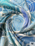 Italian Rectangles and Swirls Printed Brocade - Shades of Blues / White