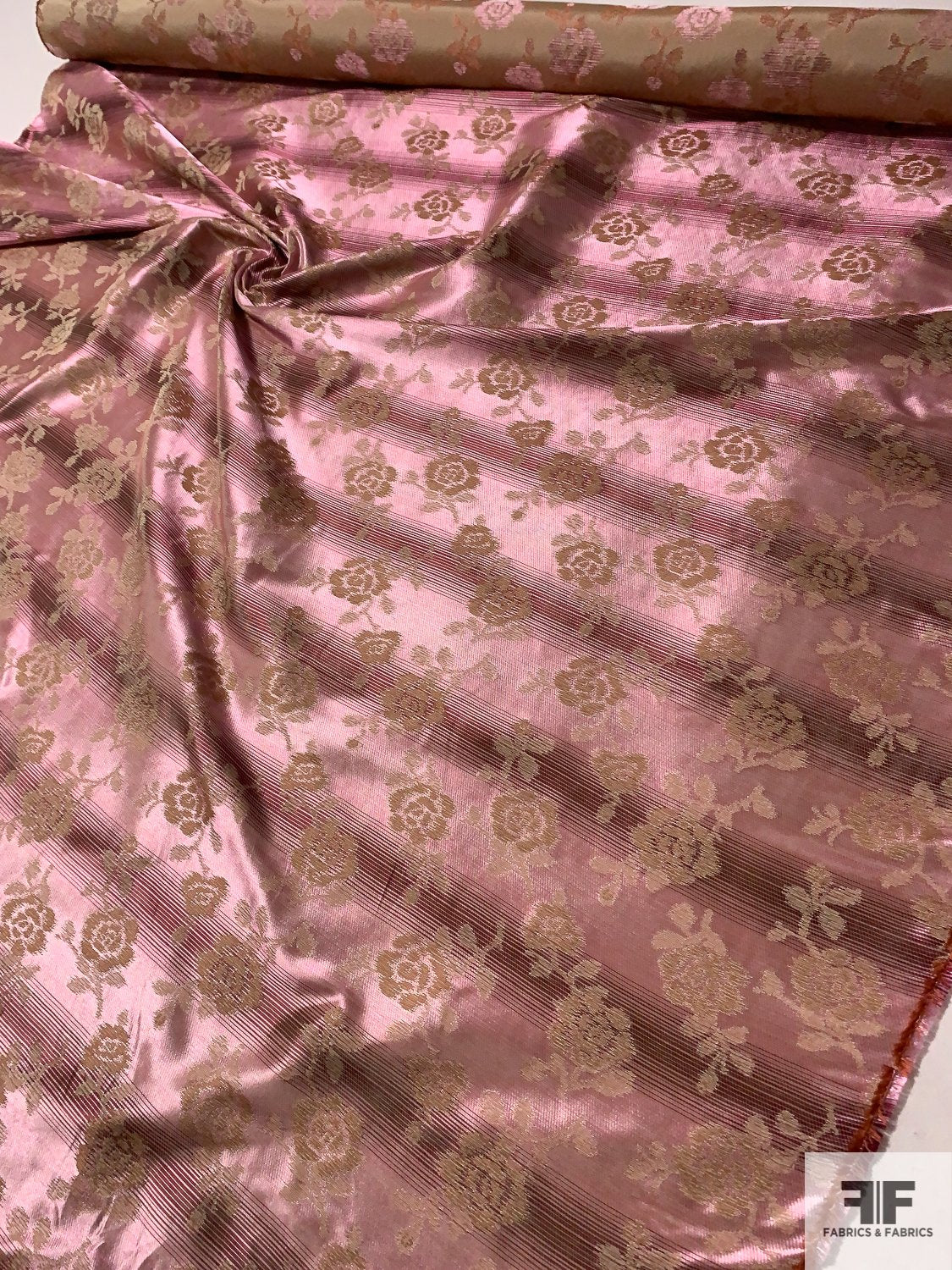 Italian Floral and Striped Silk Blend Brocade - Pink / Wine / Tan