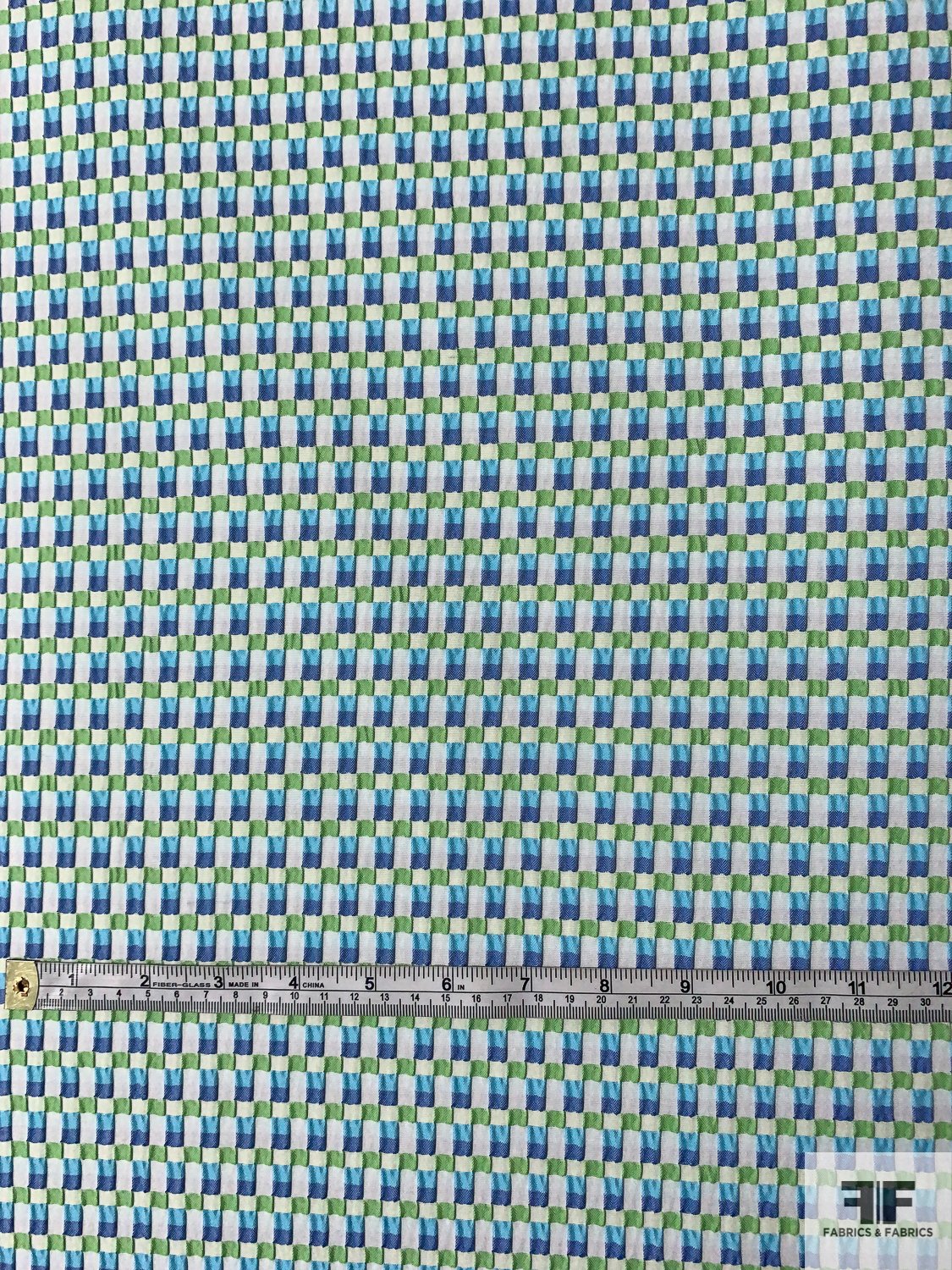 Italian Textured Seersucker Grid Stretch Brocade - Blue / Green / Off-White