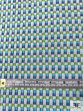 Italian Textured Seersucker Grid Stretch Brocade - Blue / Green / Off-White