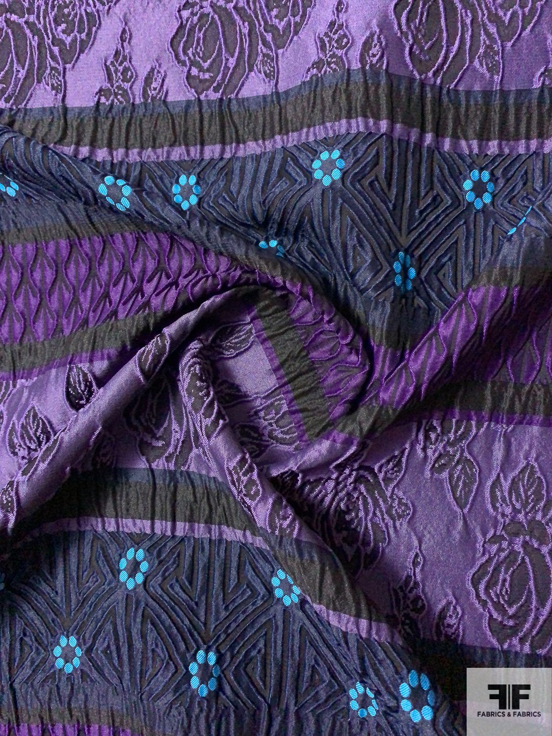 Italian Linear Design and Floral Reversible Brocade - Purple / Black /  Turquoise - Fabric by the Yard