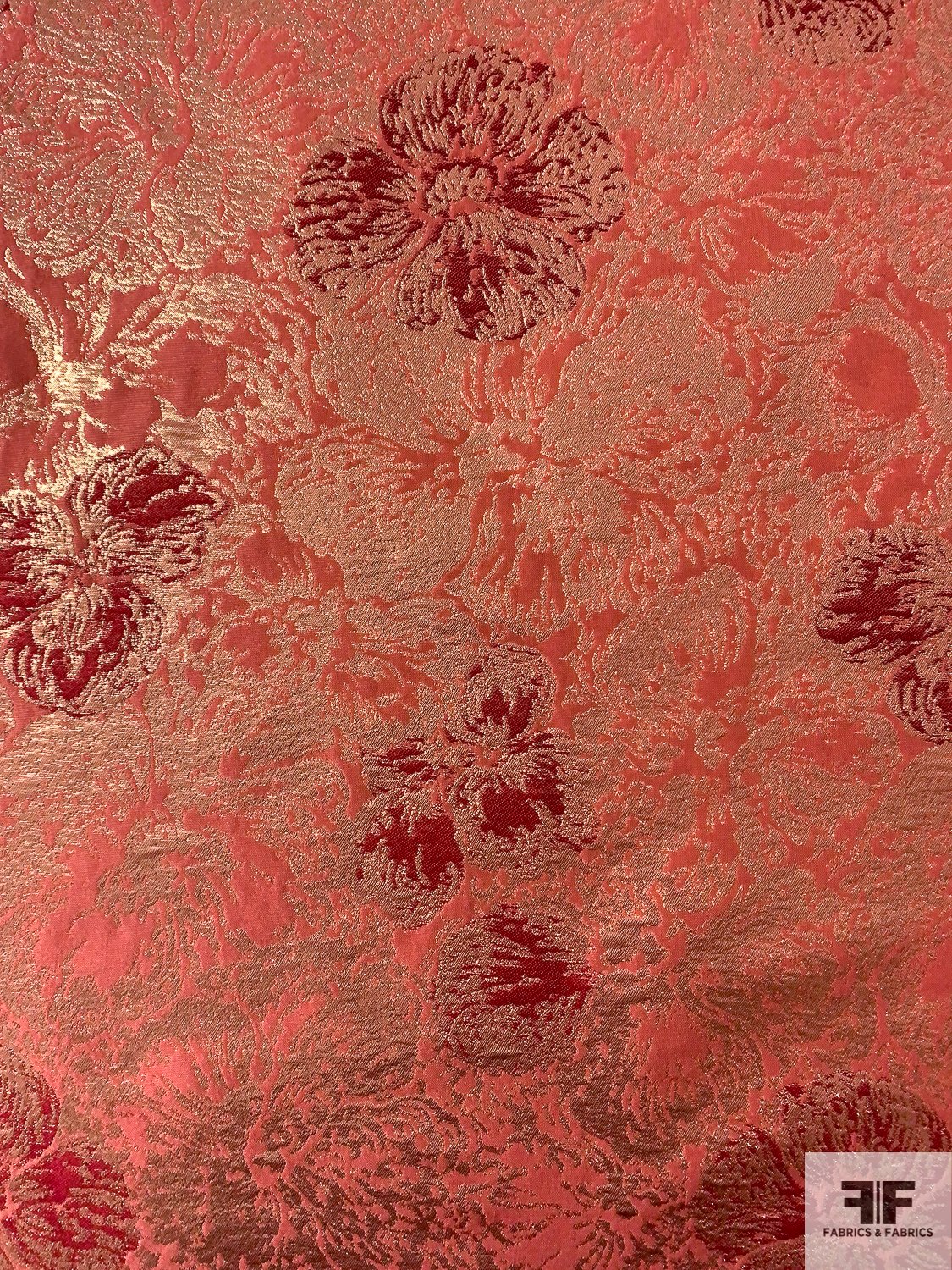 Italian Floral Metallic Brocade - Salmon Pink / Gold / Red