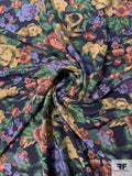 Country Floral Printed Silk Crepe de Chine - Navy / Greens / Purples / Tan
