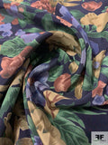 Country Floral Printed Silk Crepe de Chine - Navy / Greens / Purples / Tan