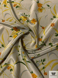 Floral Stalk Leaves Printed Silk Crepe de Chine - Grey / Yellow / Forest Green / Orange