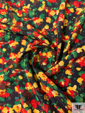 Watercolor Floral Printed Silk Crepe de Chine - Navy / Greens / Red / Yellow