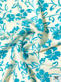 Floral Silhouette Printed Silk Crepe de Chine - Turquoise / White