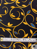 Ornate Leaf Stems Printed Silk Crepe de Chine - Black / Antique Gold / Royal Blue
