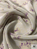 Whimsical Floral Stems Printed Silk Crepe de Chine - Purple / Ecru / Grey