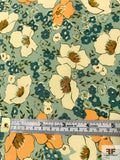 Floral Printed Silk Crepe de Chine - Dusty Sage / Teal / Ivory / Peach
