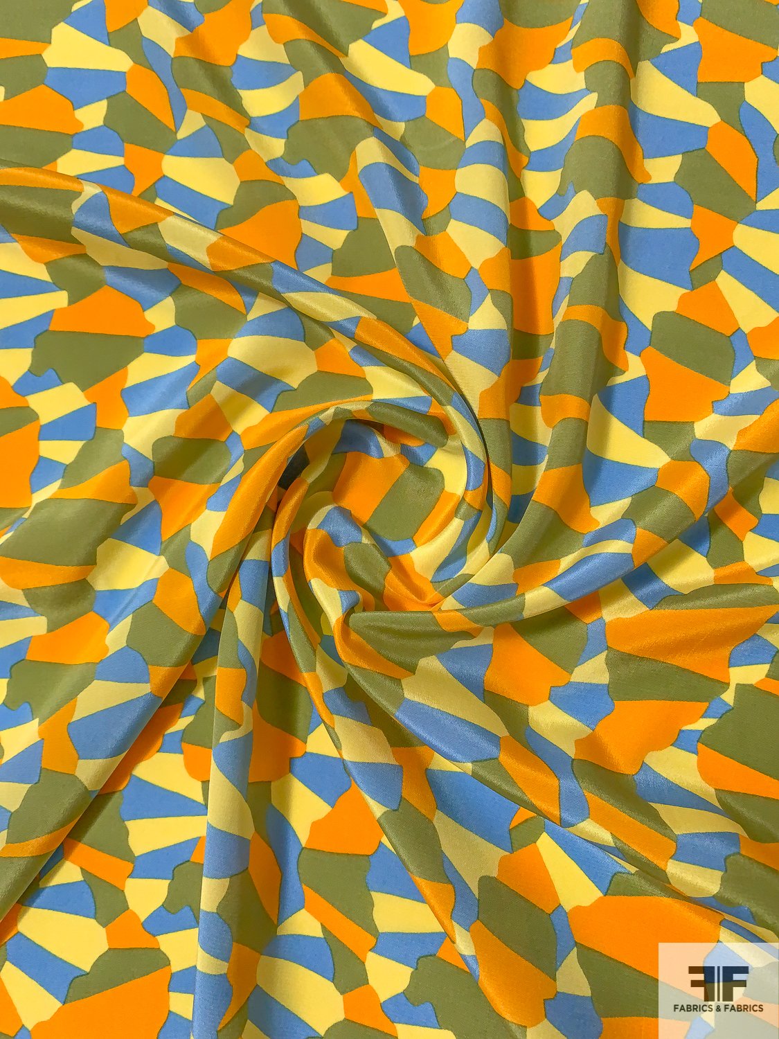 Graphic Printed Silk Crepe de Chine - Butter Yellow / Orange / Olive Green / Periwinkle Blue