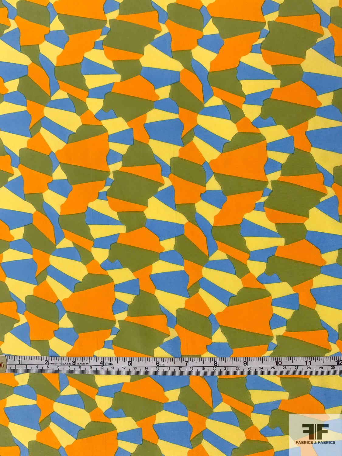 Graphic Printed Silk Crepe de Chine - Butter Yellow / Orange / Olive Green / Periwinkle Blue