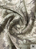 Floral Shadow and Squiggle Stripe Printed Silk Crepe de Chine - Grey / Black / Ecre