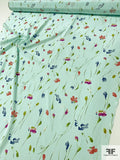 Whimsical Watercolor Floral Printed Silk Crepe de Chine - Light Seafoam / Purple / Mauve / Navy / Green