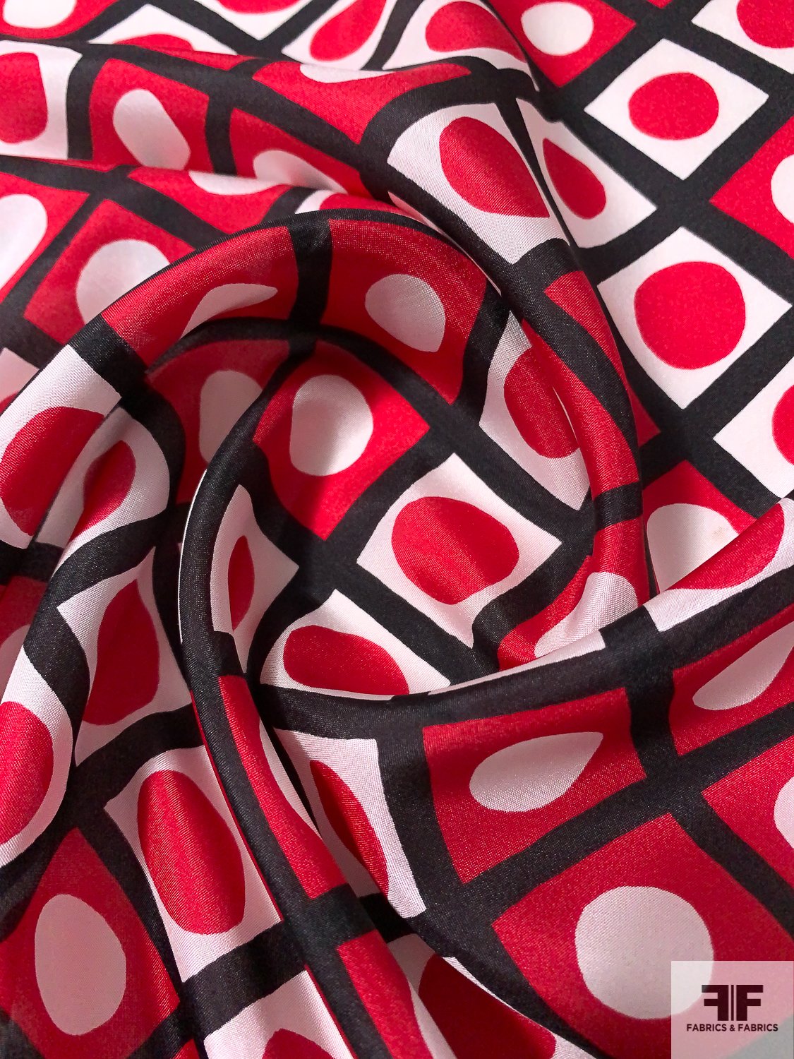 Circle Domino Board Printed Silk Habotai - Red / Black / White