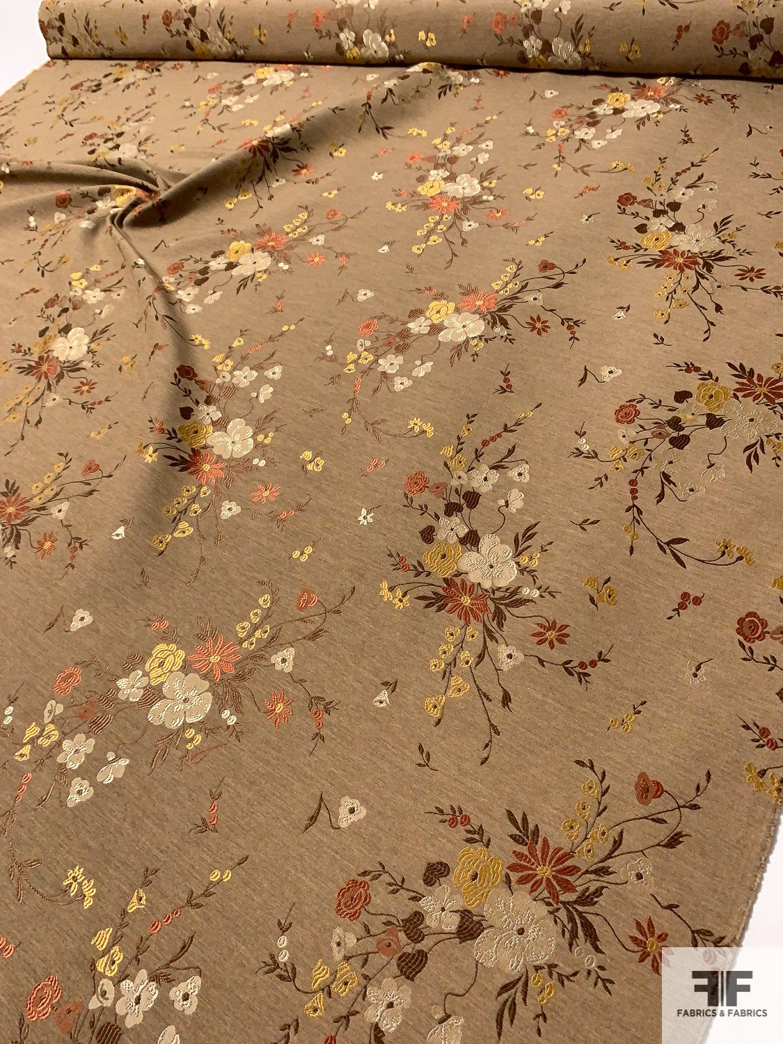 French Autumn Floral Bouquets Brocade - Light Brown / Brown / Yellow Gold / Rust