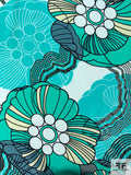 Groovy Large-Scale Floral Printed Silk Crepe de Chine - Turquoise / Light Seafoam / Dusty Teal