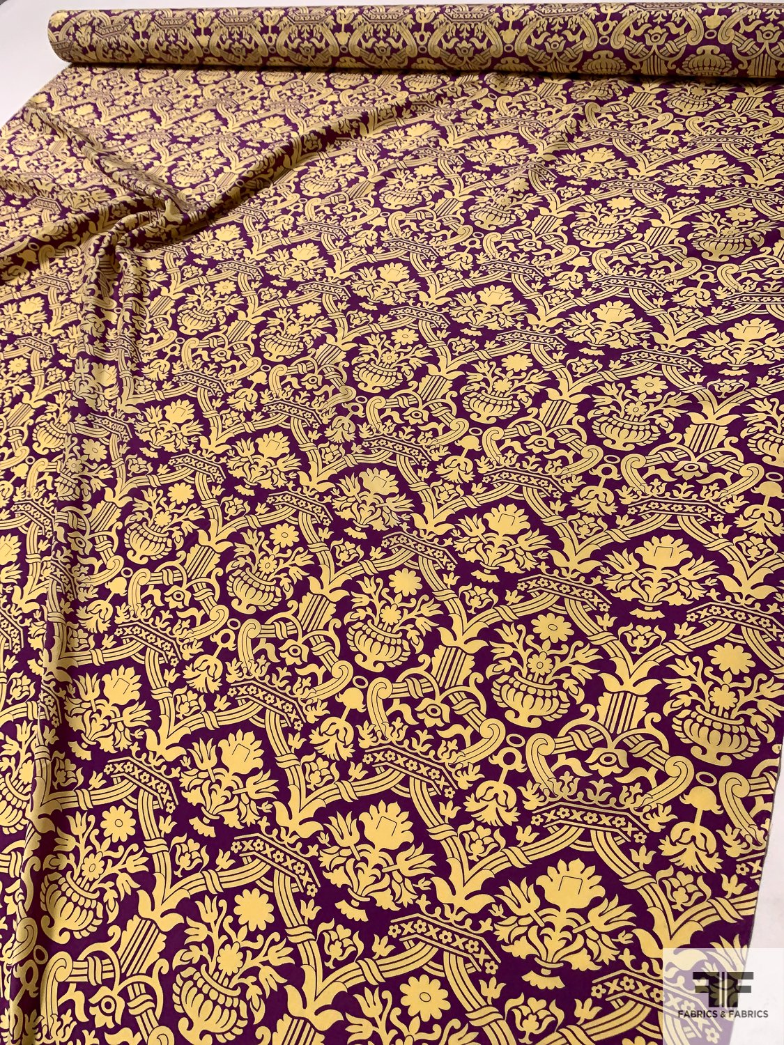 Regal Floral Printed Silk Crepe de Chine - Purple / Butter Yelow