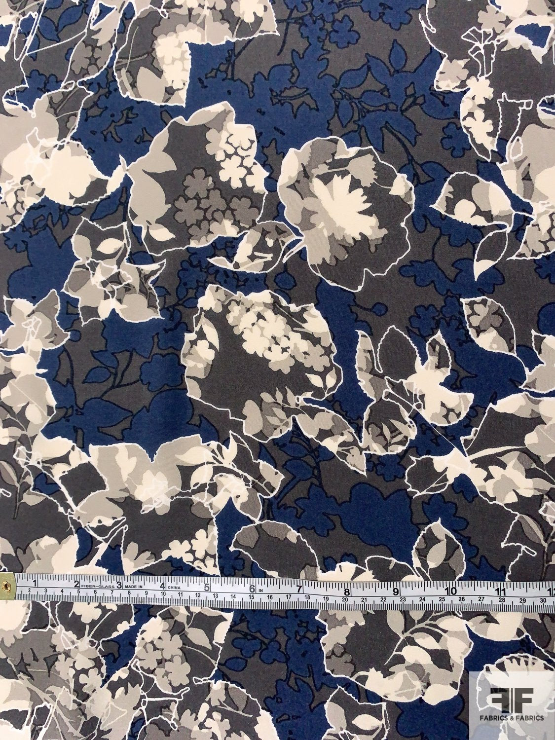 Floral Sketch Silhouette Printed Silk Crepe de Chine - Dusk Navy / Grets / White