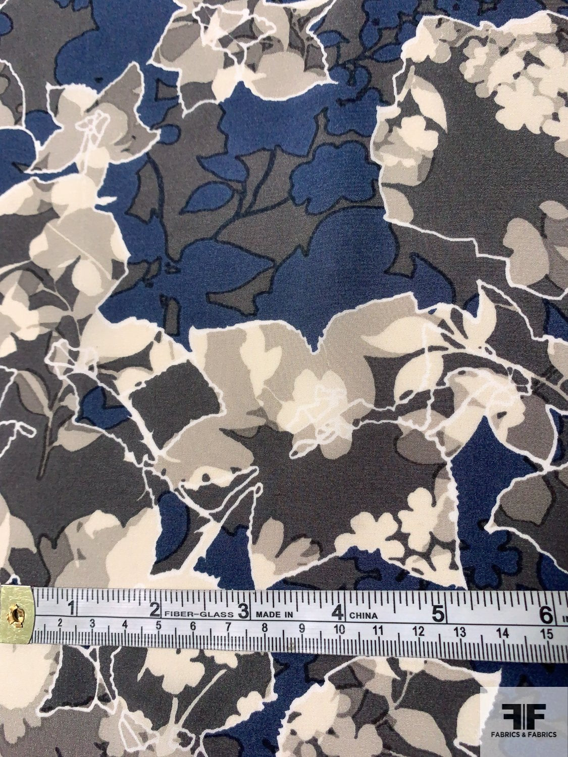 Floral Sketch Silhouette Printed Silk Crepe de Chine - Dusk Navy / Grets / White
