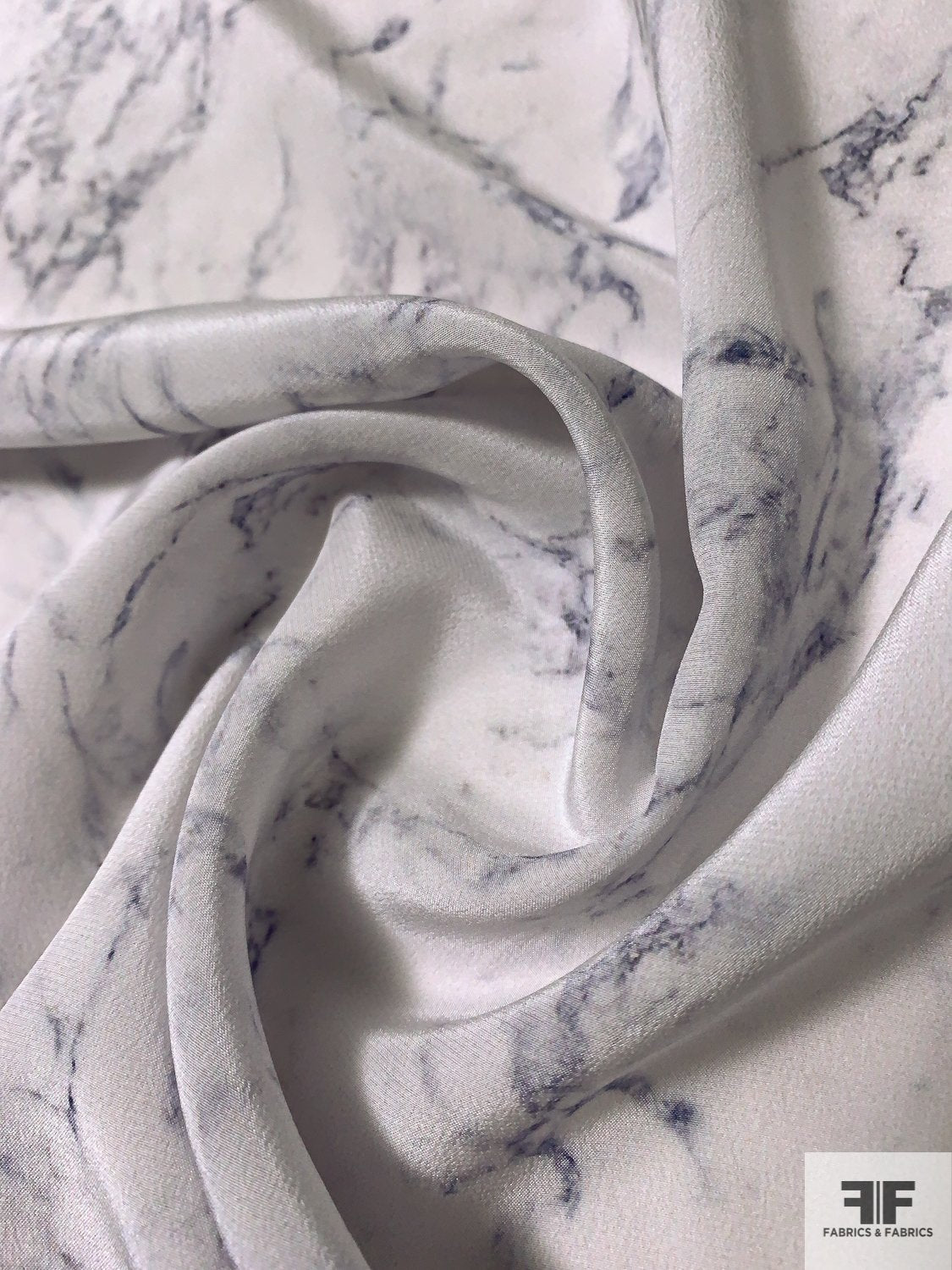 Marble Pattern Printed Silk Habotai - Light Grey / Charcoal Blue