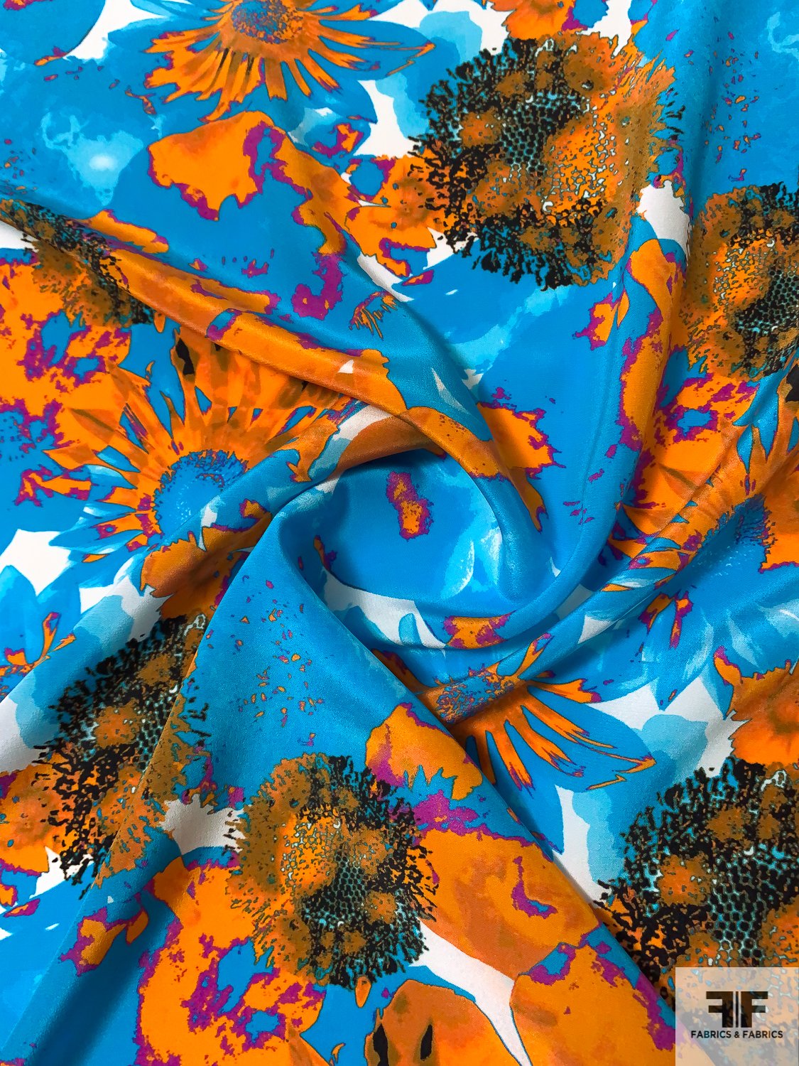 Vibrant Watercolor Floral Printed Silk Crepe de Chine - Turquoise Blue / Orange / Magenta / Black
