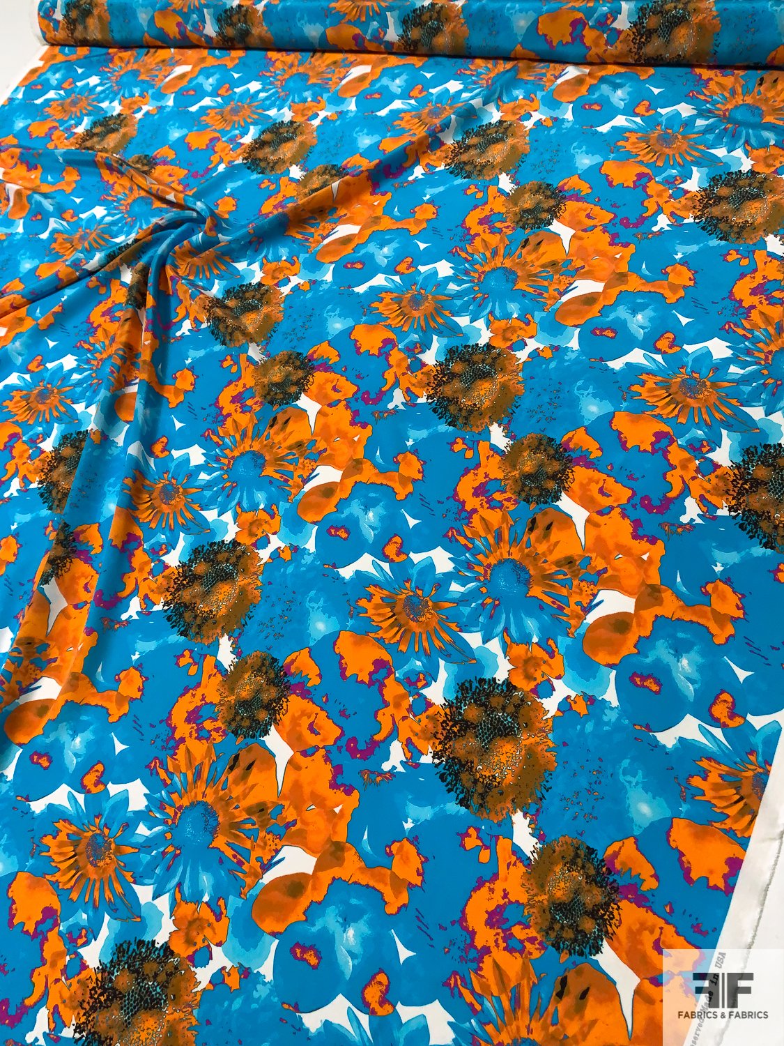 Vibrant Watercolor Floral Printed Silk Crepe de Chine - Turquoise Blue / Orange / Magenta / Black